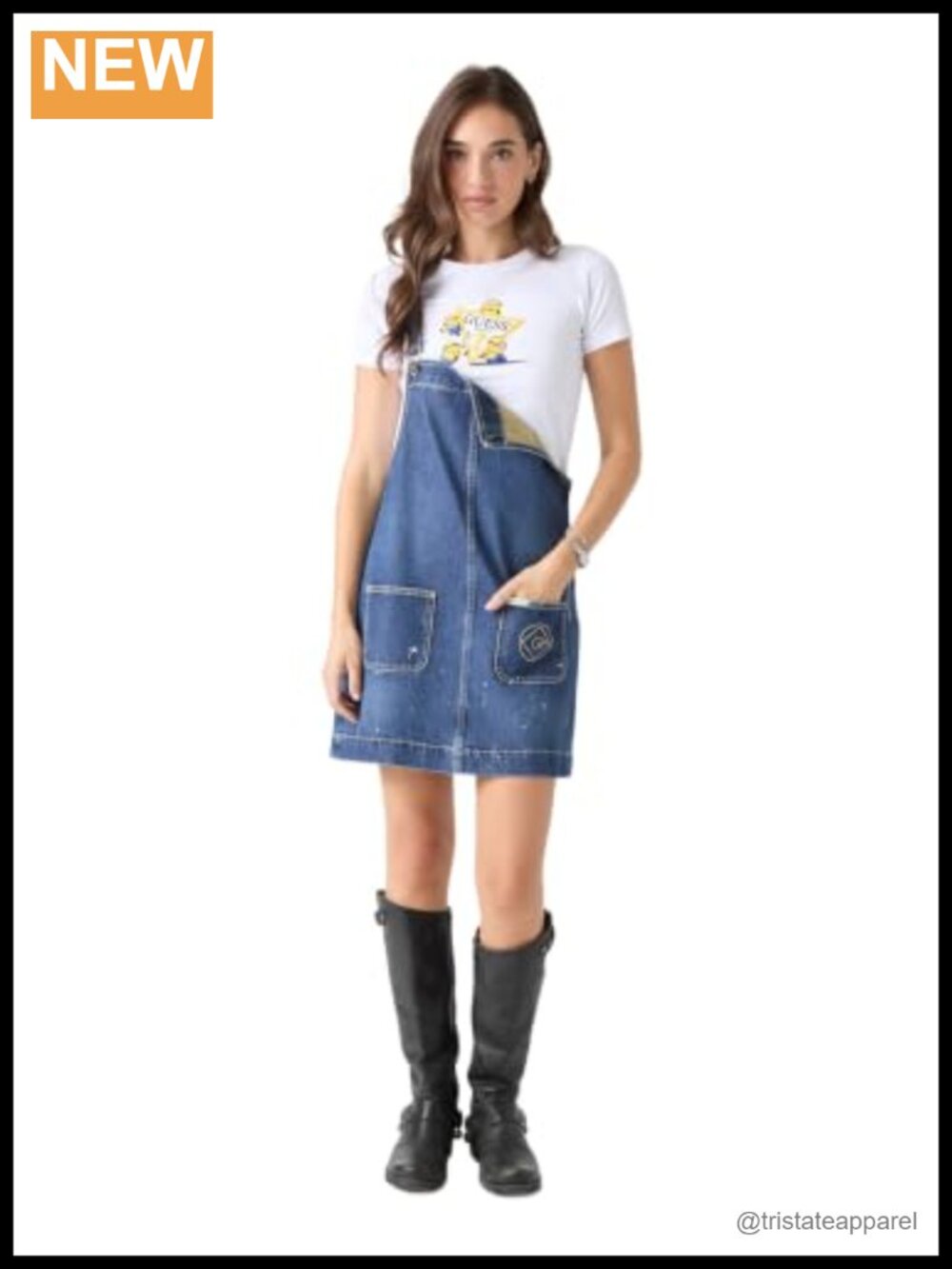 Stretch Denim Overall Dress Adjustable Straps Pockets